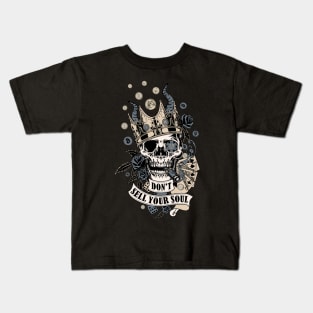 Don't sell your soul. A Vintage Smoking Skull with Money, Playing Cards, Dice, Horns, Crown and Roses Kids T-Shirt